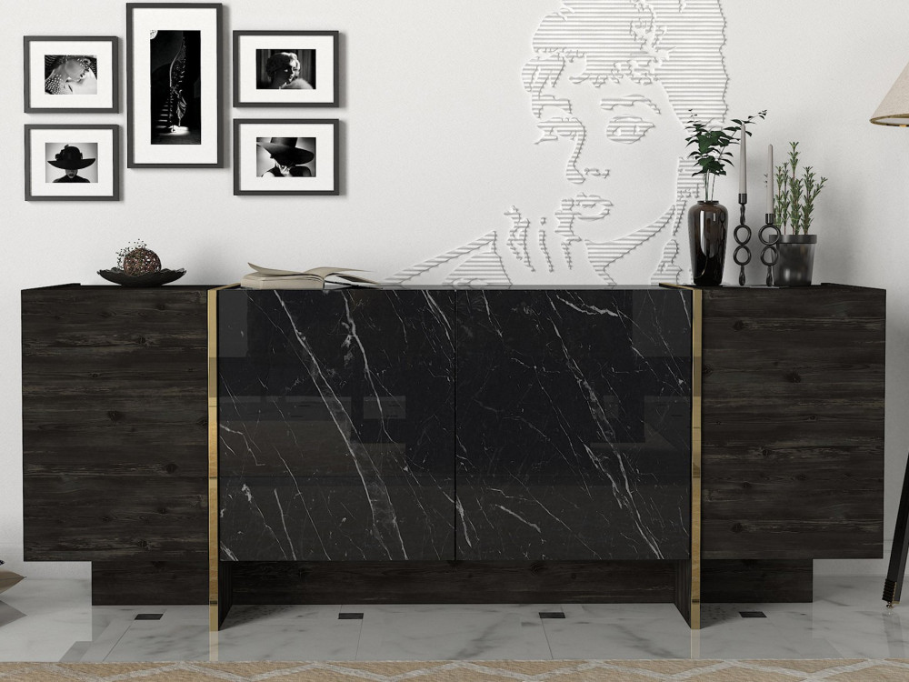 Houten dressoir "Veyron" - 180 x 46 x 75 cm - Zwart/Goud
