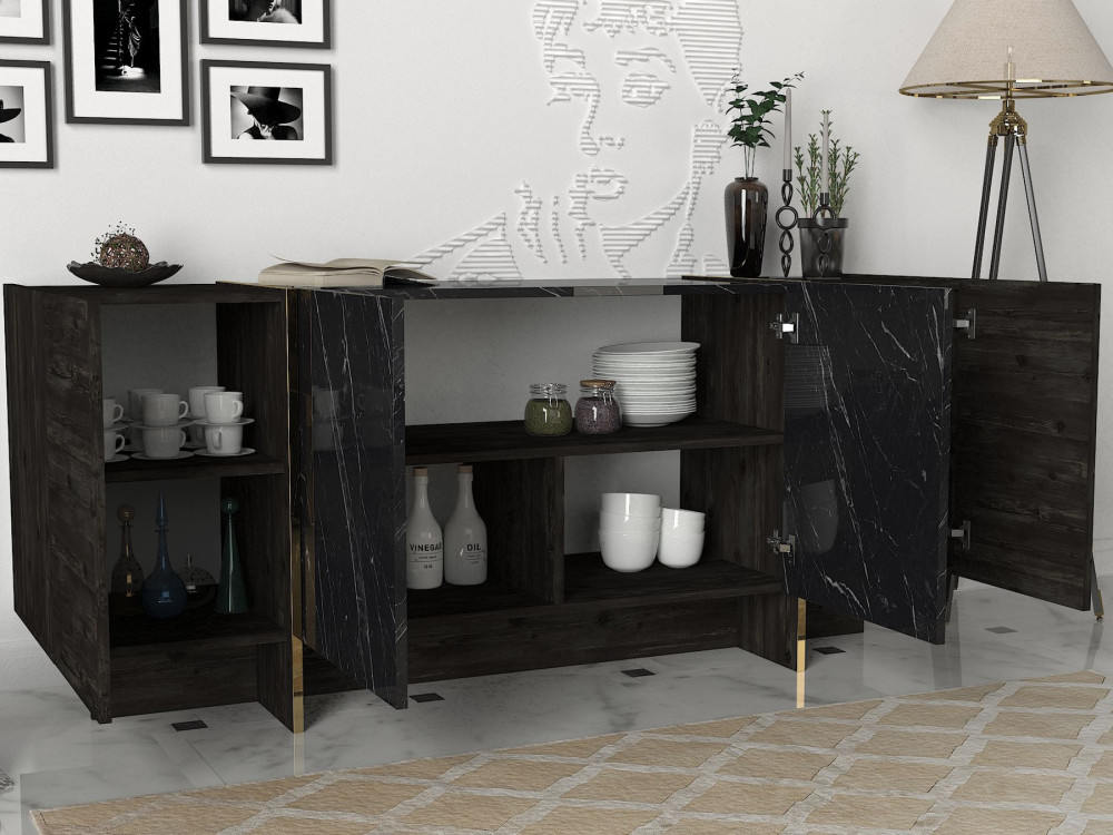 Houten dressoir "Veyron" - 180 x 46 x 75 cm - Zwart/Goud