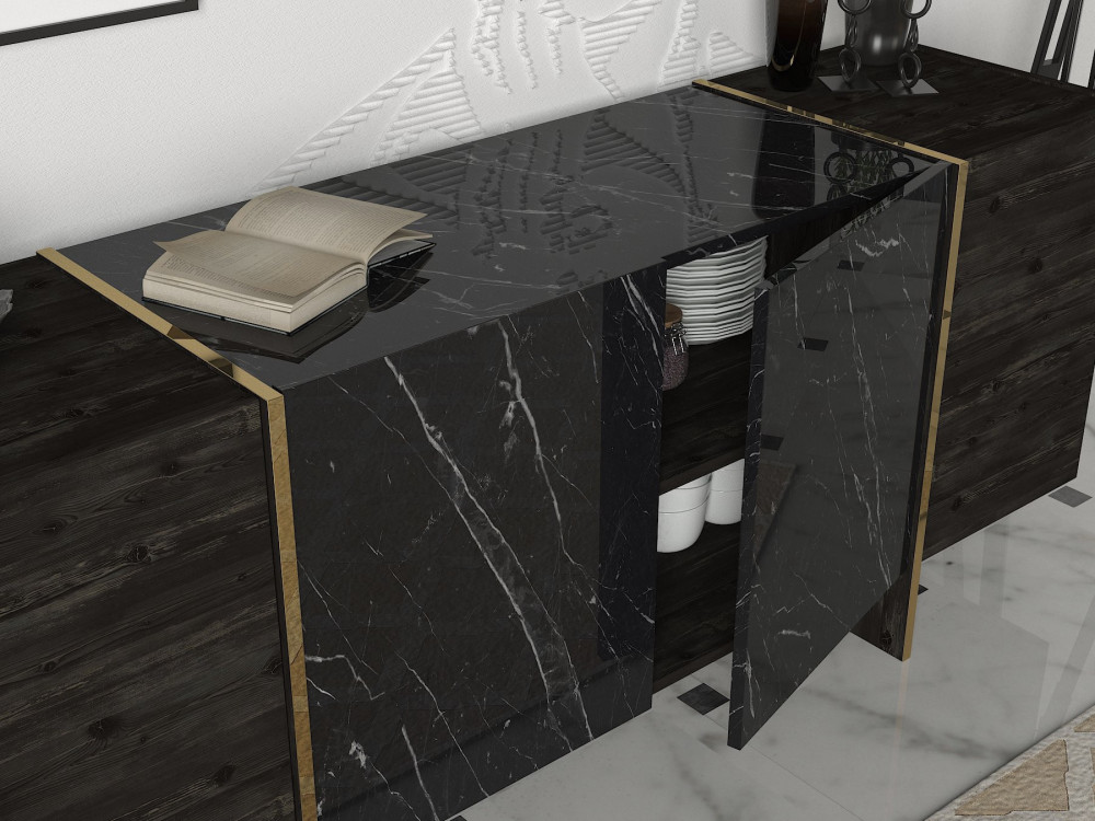 Houten dressoir "Veyron" - 180 x 46 x 75 cm - Zwart/Goud