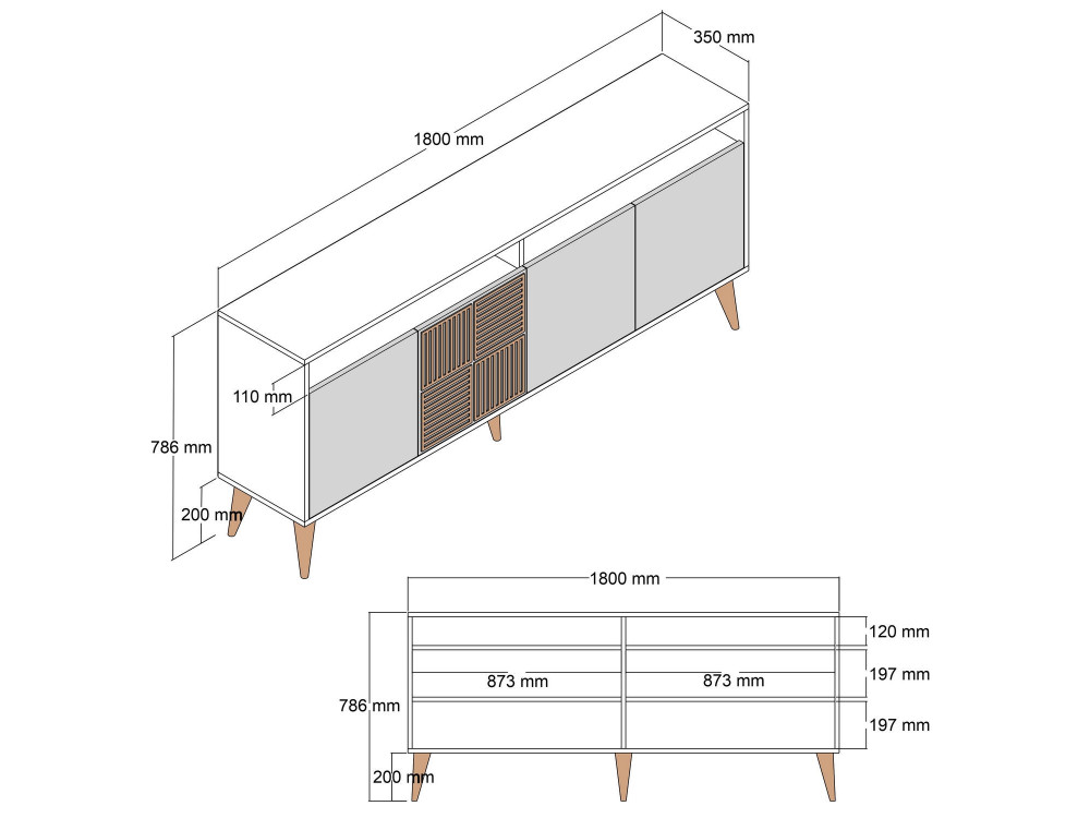 Houten dressoir "Milan" - 180 x 35 x 78 cm - Notelaar