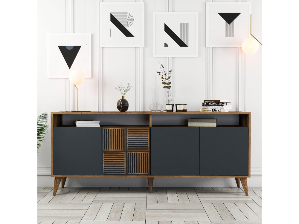 Houten dressoir "Milan" - 180 x 35 x 78 cm - Noten Antraciet