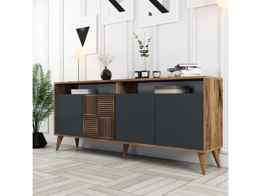 Houten dressoir "Milan" - 180 x 35 x 78 cm - Noten Antraciet