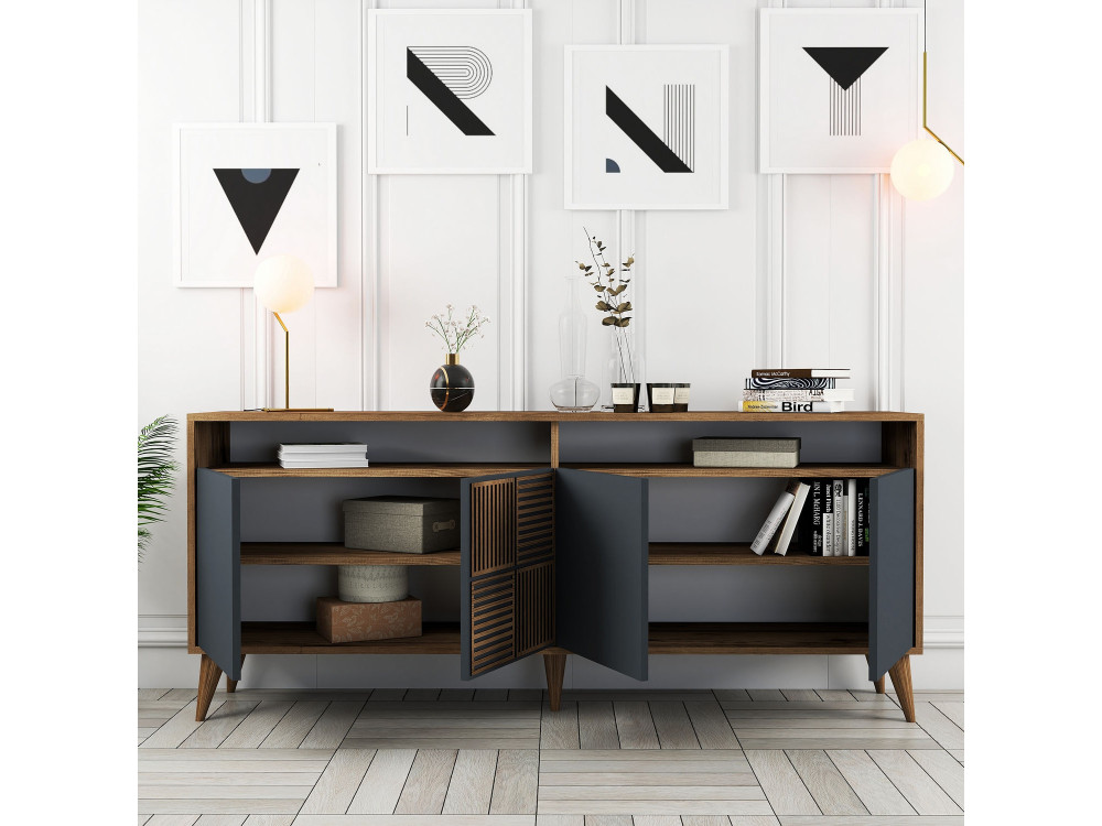 Houten dressoir "Milan" - 180 x 35 x 78 cm - Noten Antraciet
