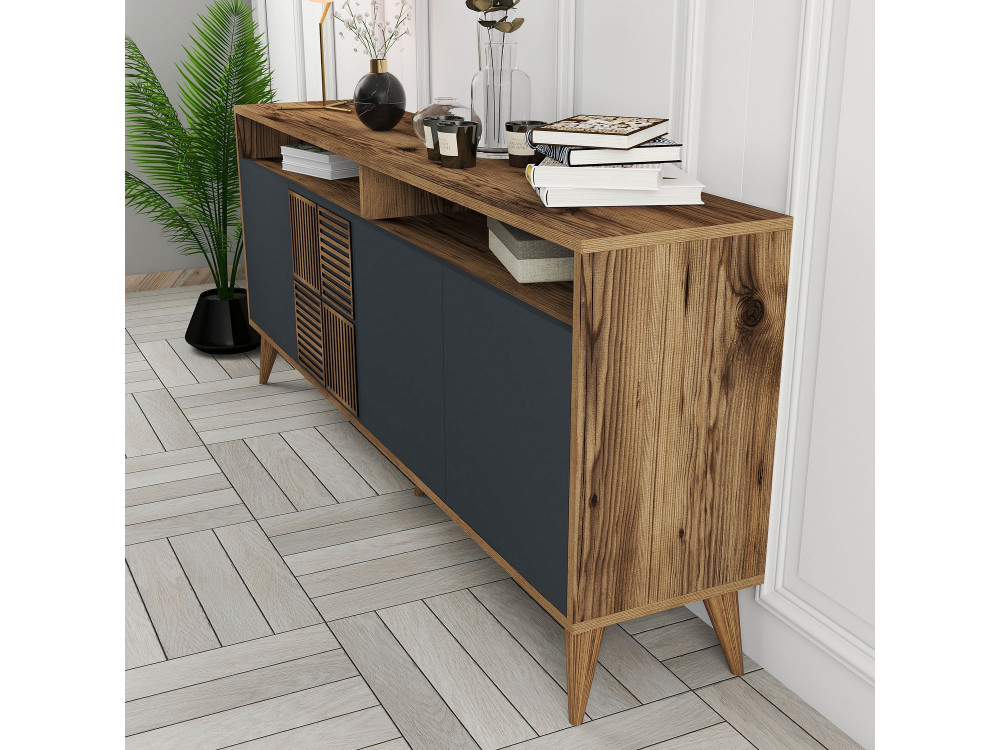 Houten dressoir "Milan" - 180 x 35 x 78 cm - Noten Antraciet