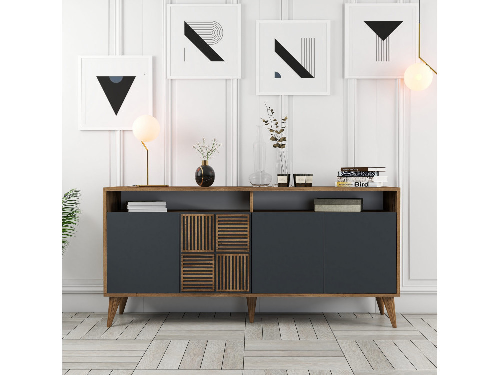 Houten dressoir "Milan" - 160 x 35 x 78 cm - Noten, Antraciet