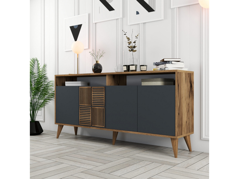 Houten dressoir "Milan" - 160 x 35 x 78 cm - Noten, Antraciet