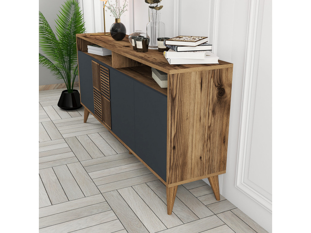 Houten dressoir "Milan" - 160 x 35 x 78 cm - Noten, Antraciet