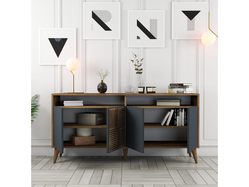 Houten dressoir "Milan" - 160 x 35 x 78 cm - Noten, Antraciet
