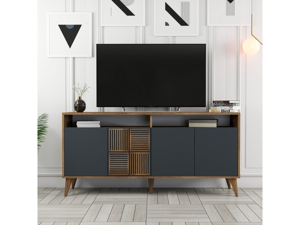 Houten dressoir "Milan" - 160 x 35 x 78 cm - Noten, Antraciet