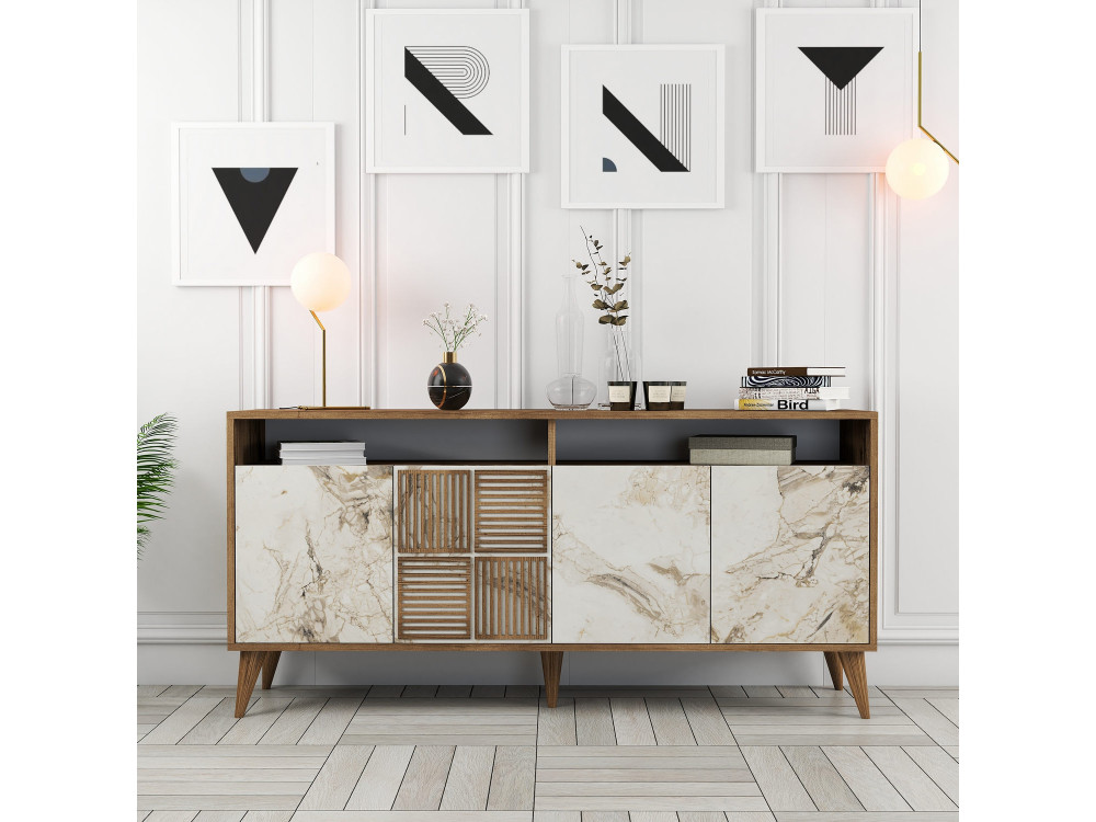 Houten dressoir "Milan" - 160 x 35 x 78 cm - Notelaar, Wit marmer