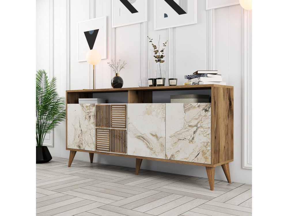 Houten dressoir "Milan" - 160 x 35 x 78 cm - Notelaar, Wit marmer