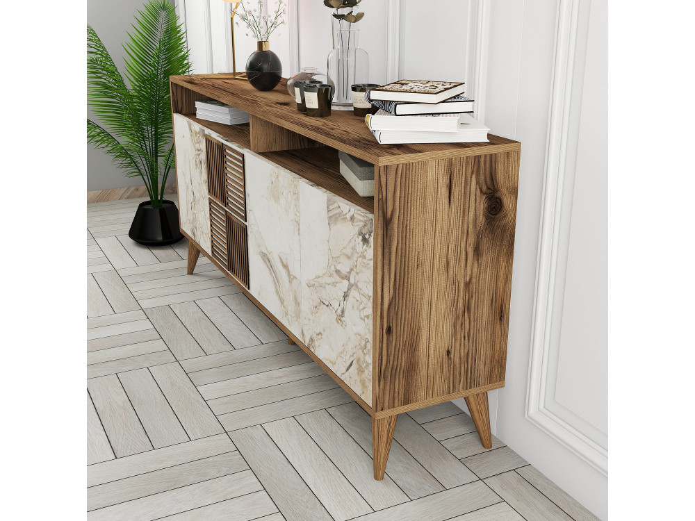 Houten dressoir "Milan" - 160 x 35 x 78 cm - Notelaar, Wit marmer