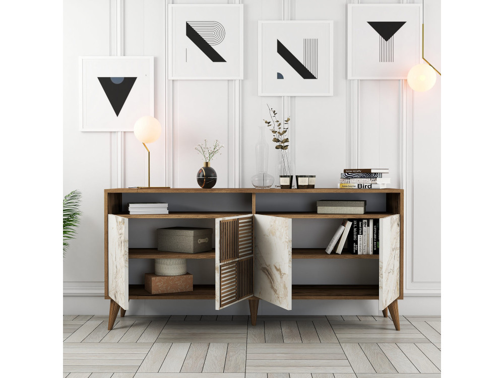 Houten dressoir "Milan" - 160 x 35 x 78 cm - Notelaar, Wit marmer