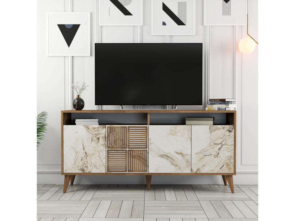 Houten dressoir "Milan" - 160 x 35 x 78 cm - Notelaar, Wit marmer