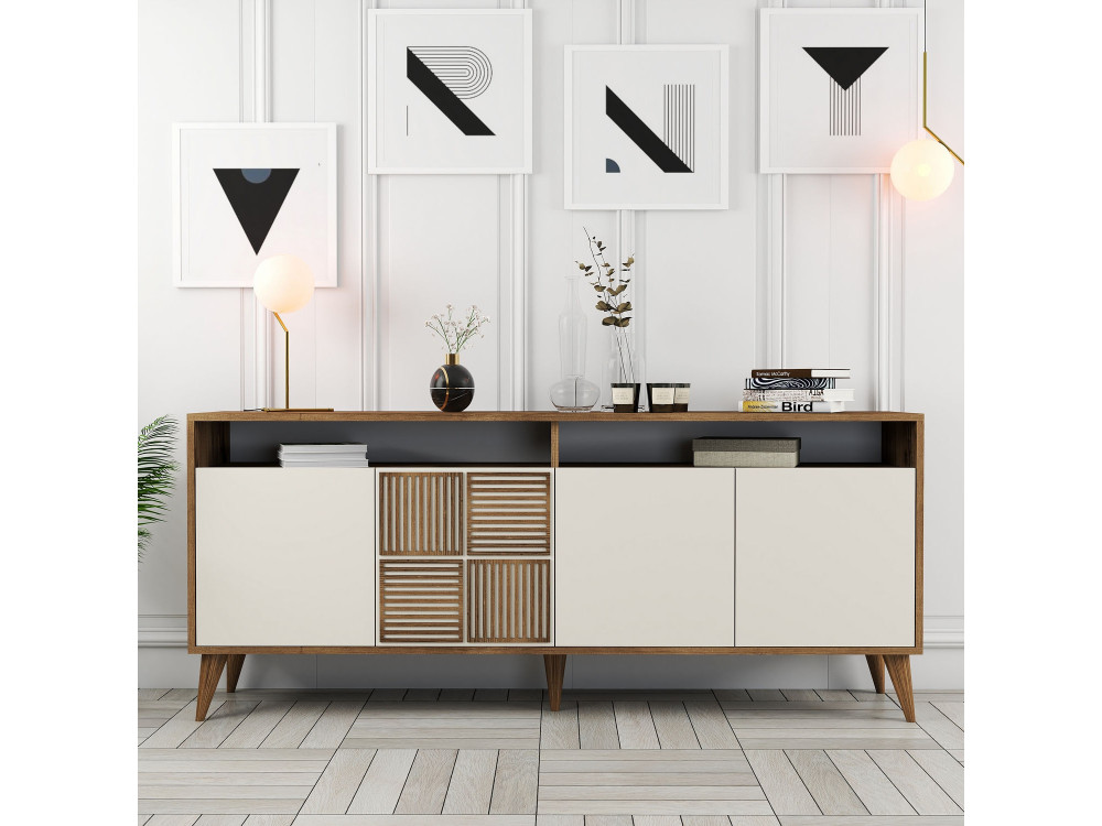 Houten dressoir "Milan" - 180 x 35 x 78 cm - Notelaar, Crème
