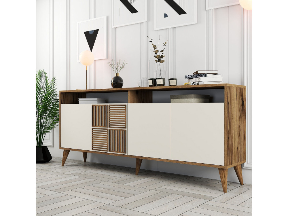 Houten dressoir "Milan" - 180 x 35 x 78 cm - Notelaar, Crème
