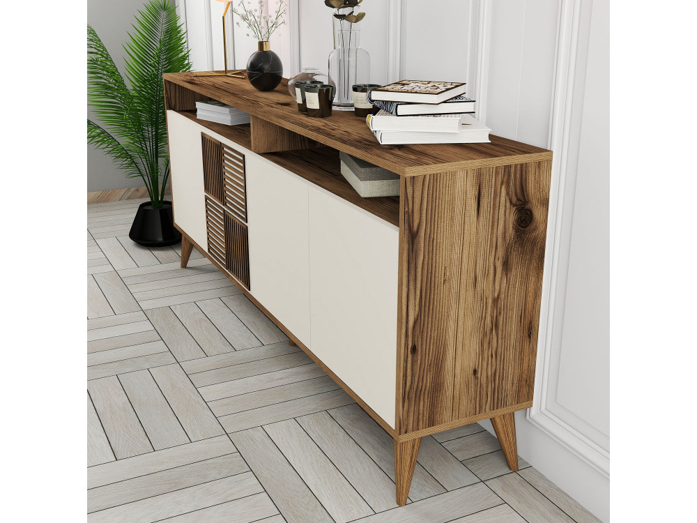 Houten dressoir "Milan" - 180 x 35 x 78 cm - Notelaar, Crème