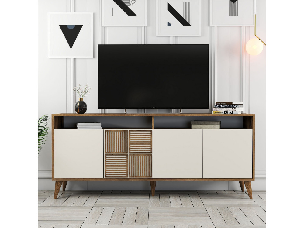 Houten dressoir "Milan" - 180 x 35 x 78 cm - Notelaar, Crème