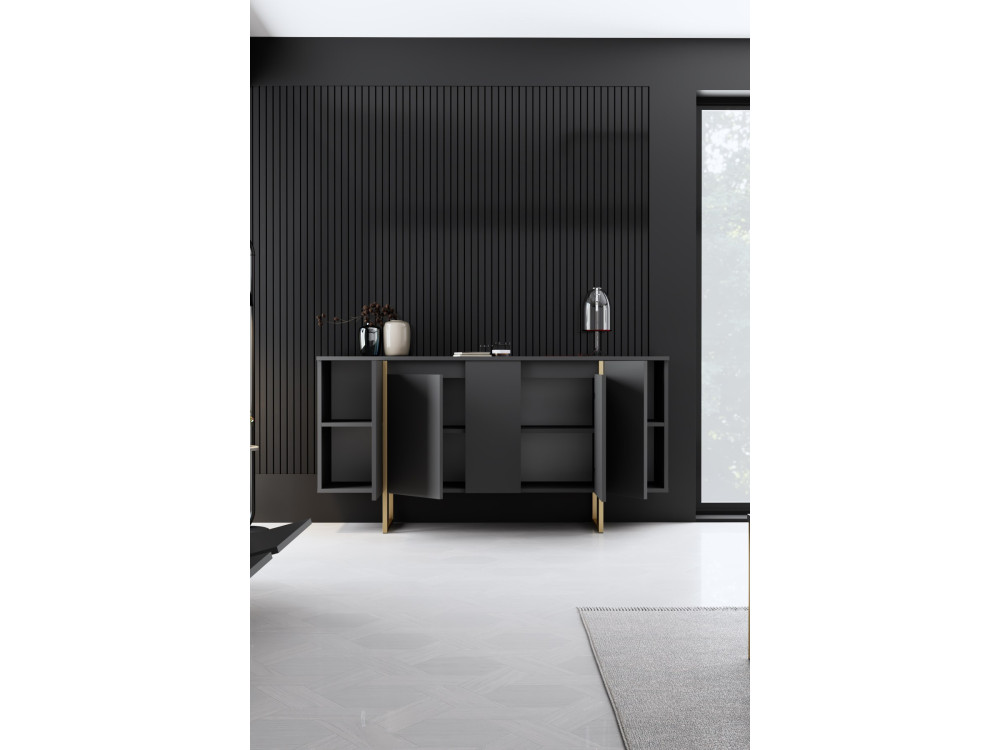 Luxe" houten dressoir - 160 x 35 x 80 cm - Antraciet Goud