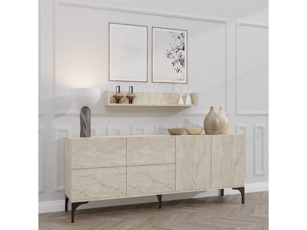 Houten dressoir met wandplank "Stella" - 180 x 40 x 55 cm - Travertin