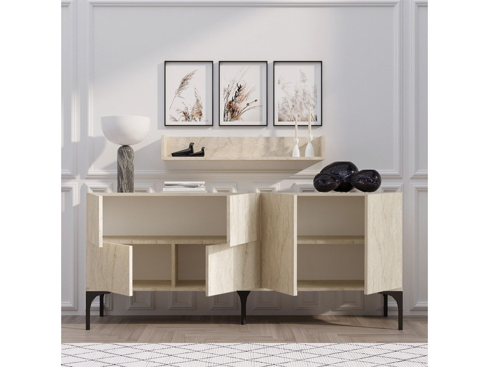 Houten dressoir met wandplank "Stella" - 180 x 40 x 55 cm - Travertin