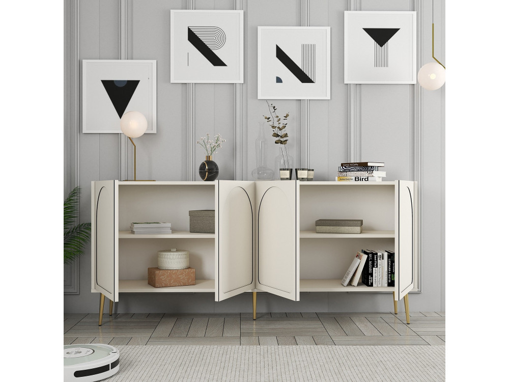 Houten dressoir "Lyon" - 180 x 35 x 80 cm - Crème, Goud