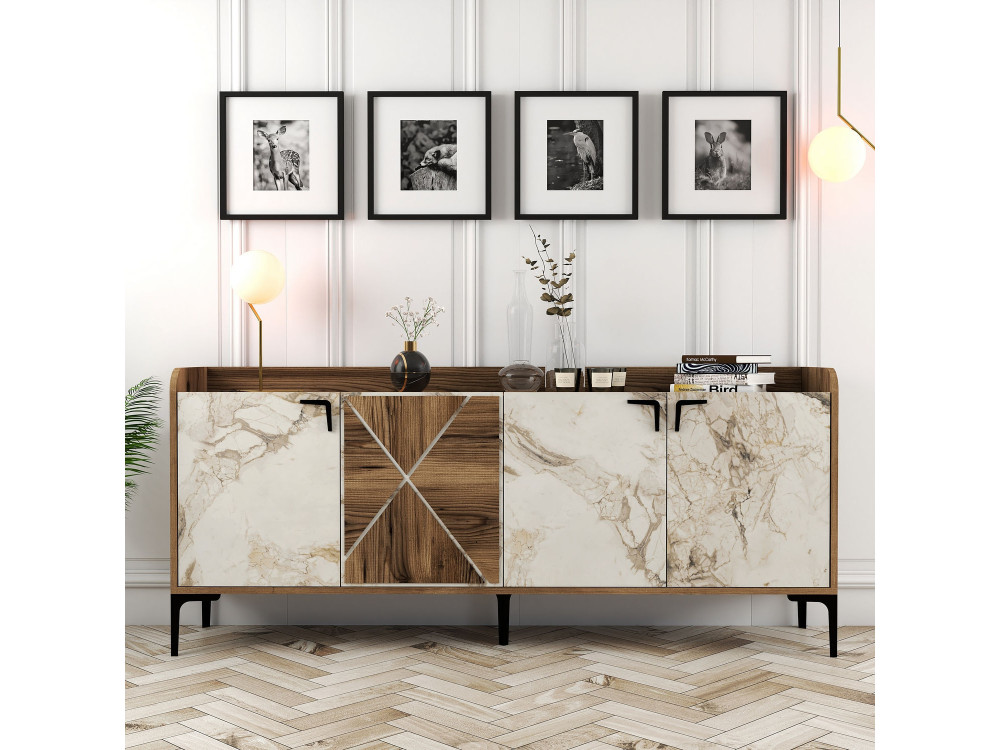 Houten dressoir "Venedik" - 180 x 35 x 78 cm - Wit gemarmerd