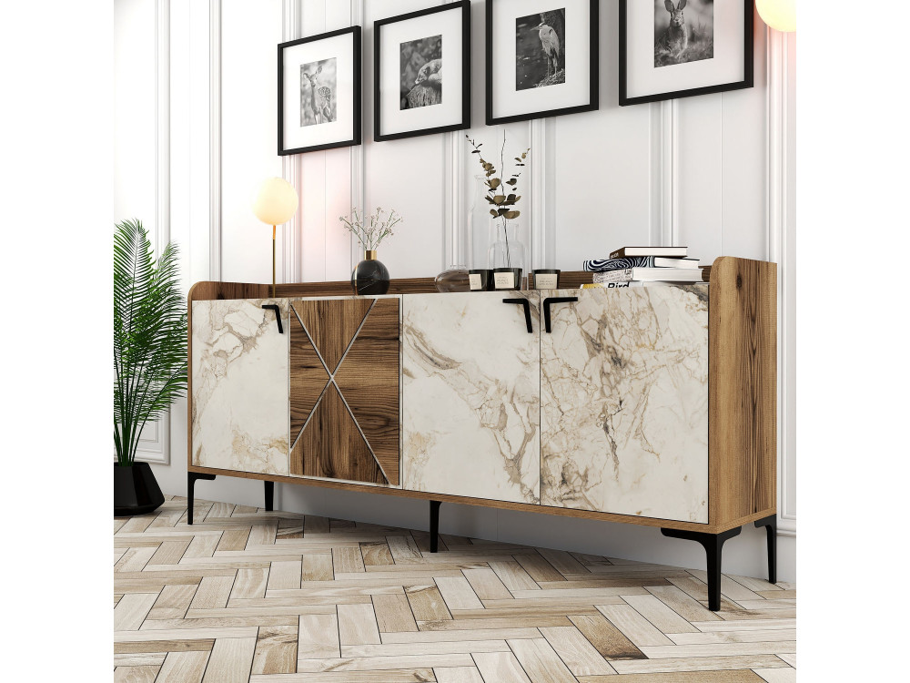 Houten dressoir "Venedik" - 180 x 35 x 78 cm - Wit gemarmerd