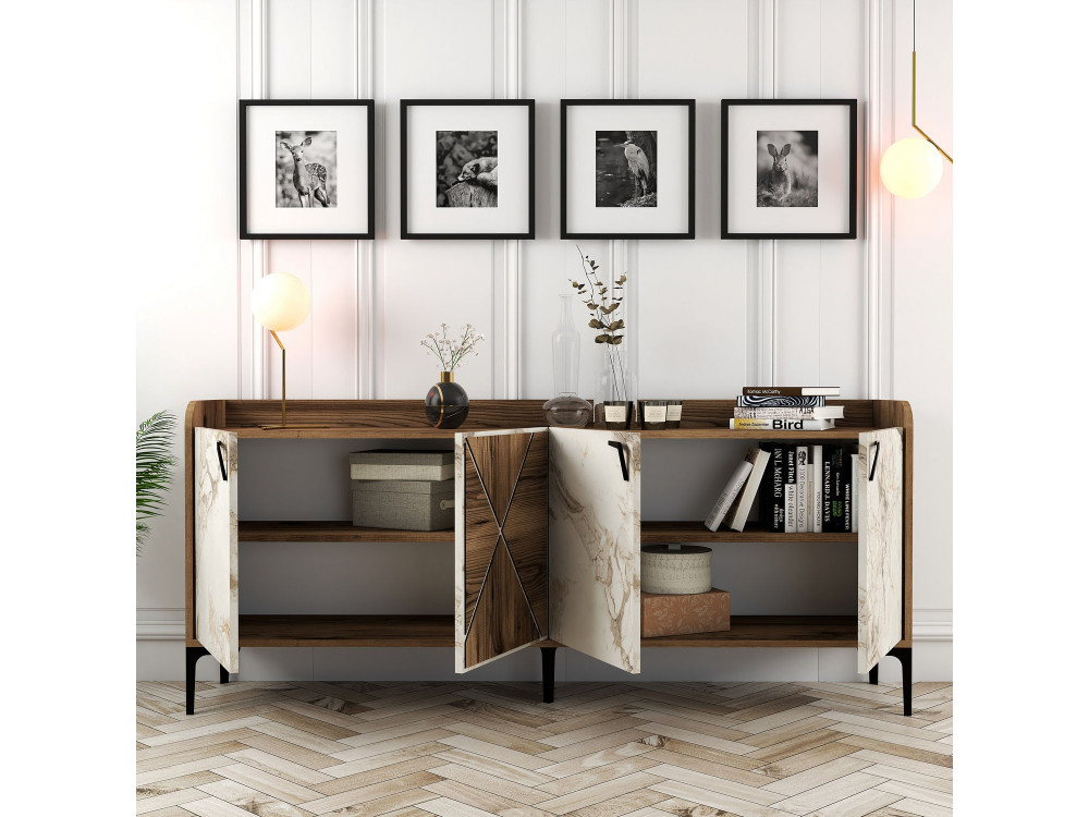 Houten dressoir "Venedik" - 180 x 35 x 78 cm - Wit gemarmerd