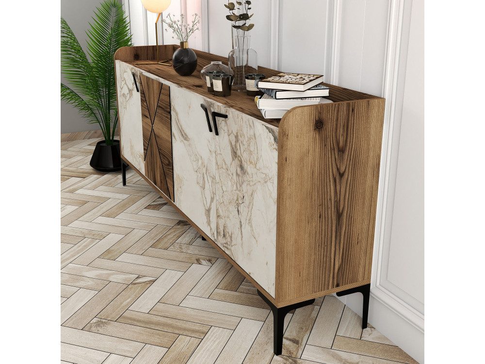 Houten dressoir "Venedik" - 180 x 35 x 78 cm - Wit gemarmerd