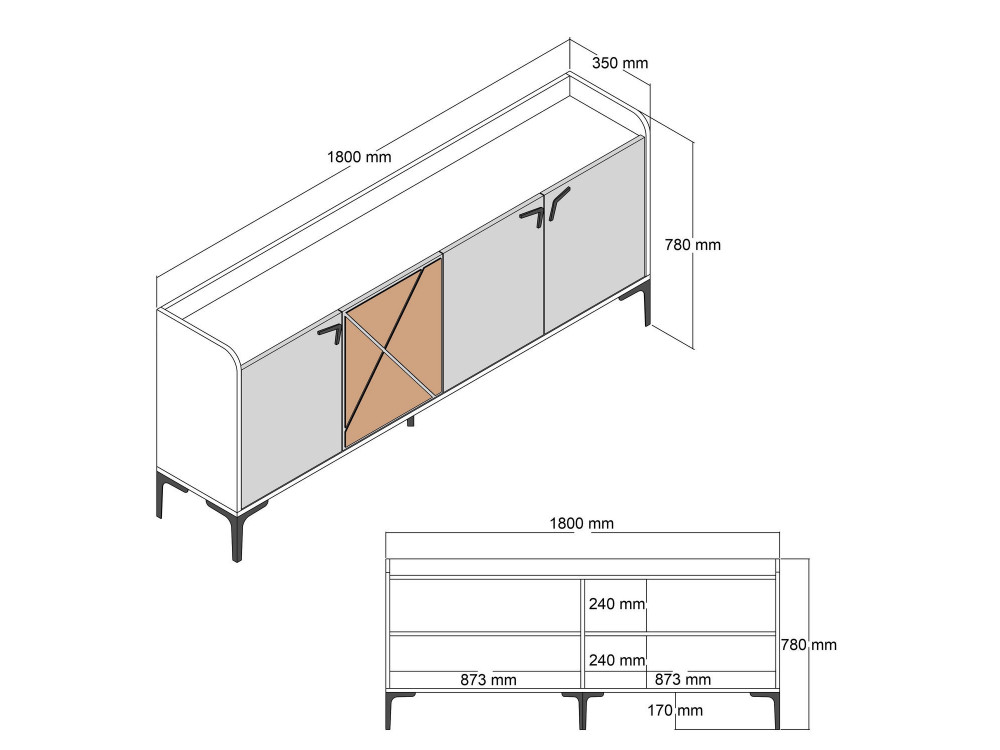 Houten dressoir "Venedik" - 180 x 35 x 78 cm - Wit gemarmerd