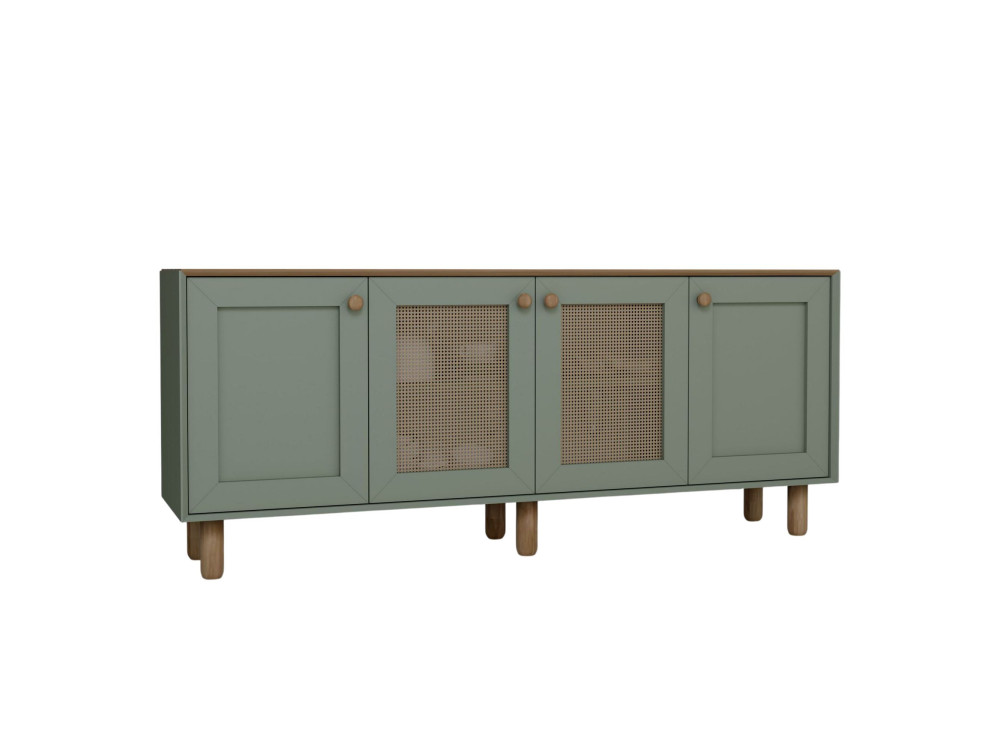 Bohemian" dressoir van hout en riet - 180 x 40 x 75 cm - Groen