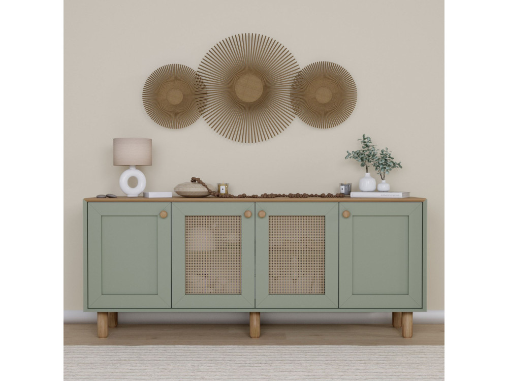 Bohemian" dressoir van hout en riet - 180 x 40 x 75 cm - Groen