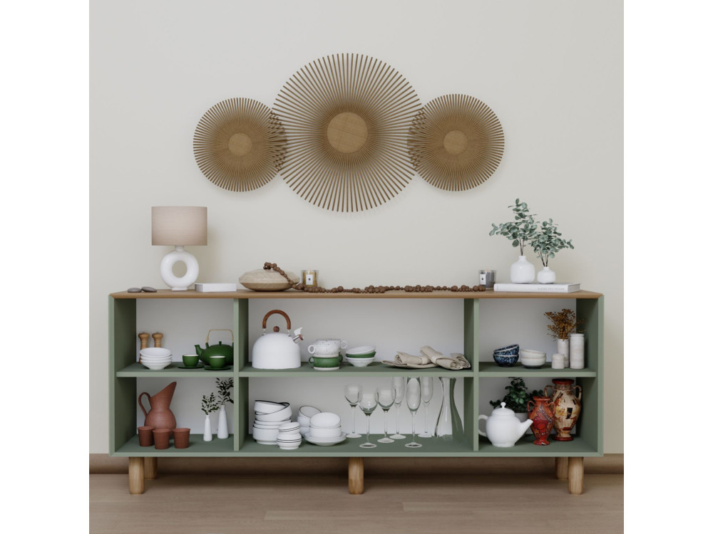 Bohemian" dressoir van hout en riet - 180 x 40 x 75 cm - Groen