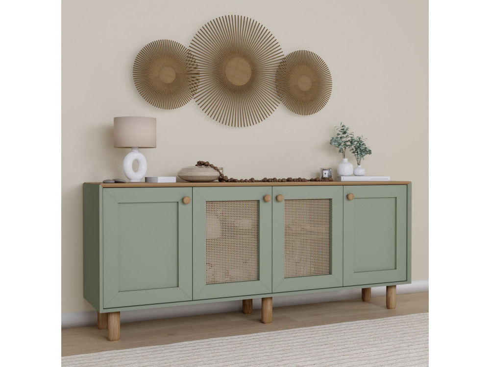 Bohemian" dressoir van hout en riet - 180 x 40 x 75 cm - Groen