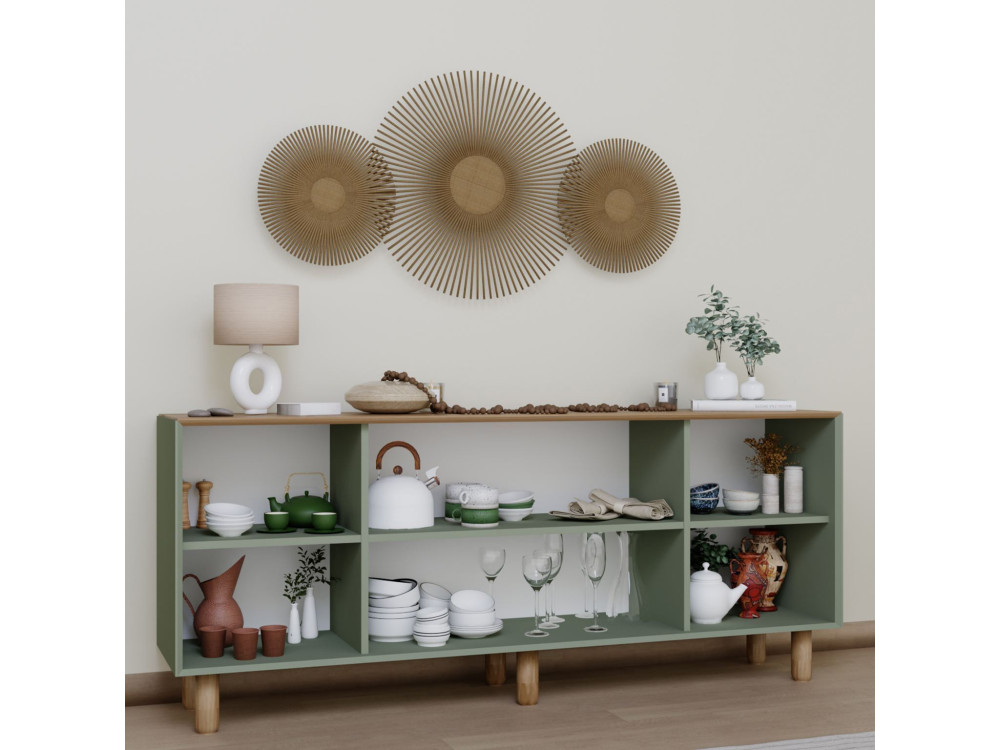 Bohemian" dressoir van hout en riet - 180 x 40 x 75 cm - Groen
