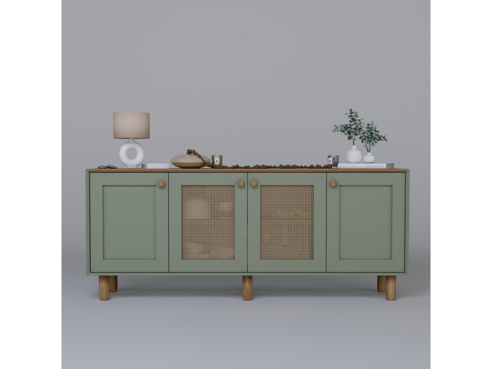Bohemian" dressoir van hout en riet - 180 x 40 x 75 cm - Groen