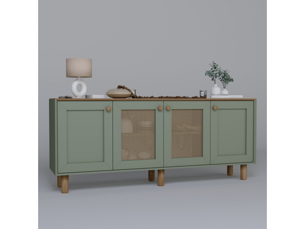 Bohemian" dressoir van hout en riet - 180 x 40 x 75 cm - Groen