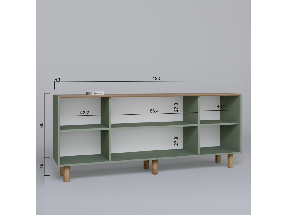 Bohemian" dressoir van hout en riet - 180 x 40 x 75 cm - Groen