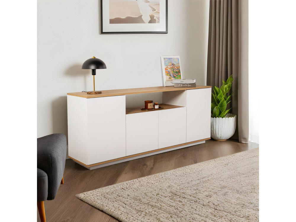 Houten dressoir "Arista" - 180 x 44,5 x 75 cm - Wit / Cadiz Eik