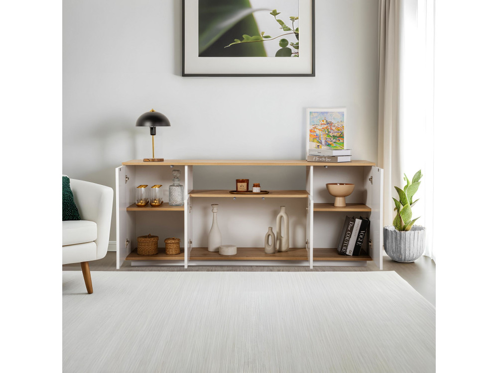 Houten dressoir "Arista" - 180 x 44,5 x 75 cm - Wit / Cadiz Eik