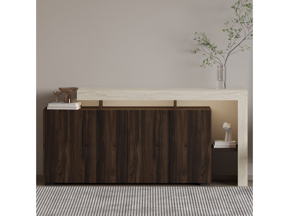 Houten dressoir "Beliz" - 170 x 35 x 80 cm - Travertin / Notelaar