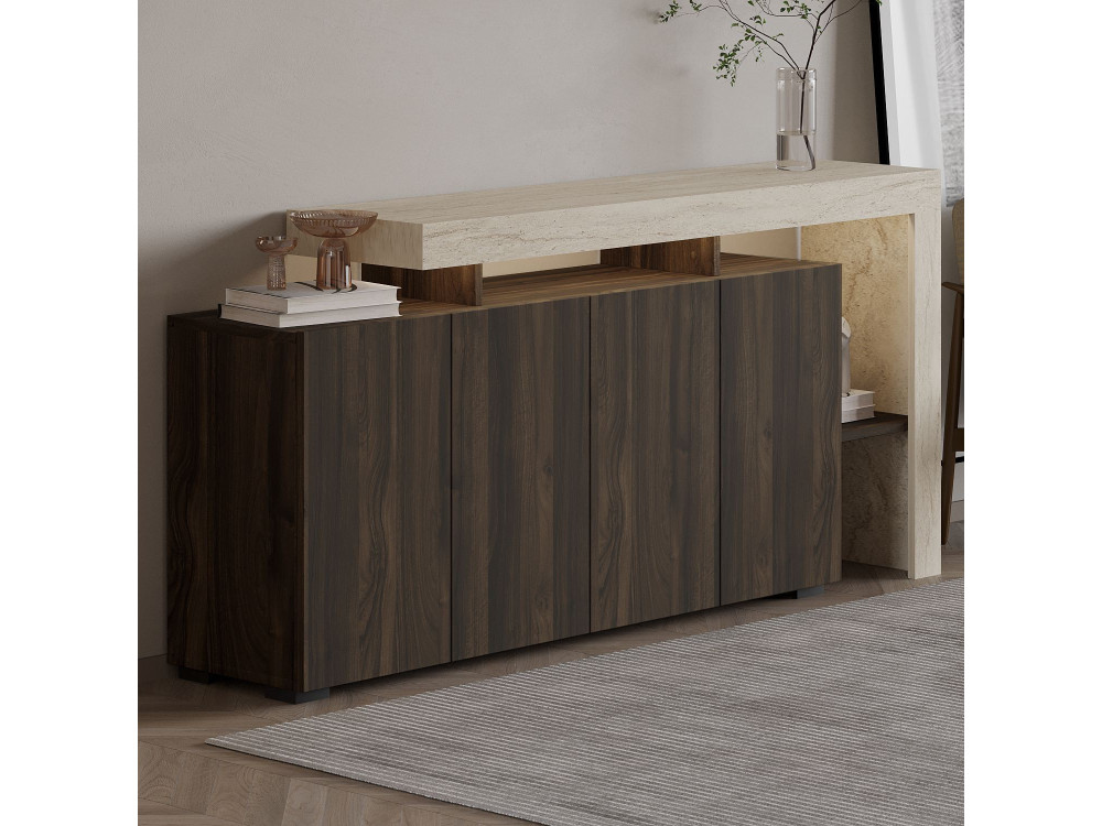 Houten dressoir "Beliz" - 170 x 35 x 80 cm - Travertin / Notelaar