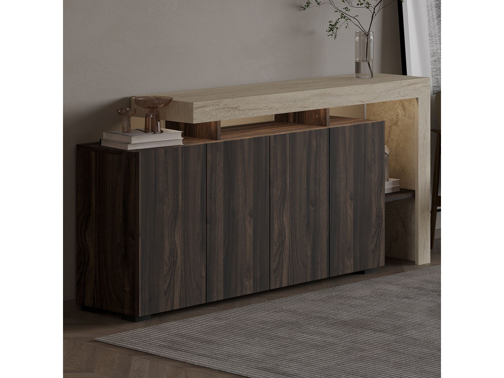 Houten dressoir "Beliz" - 170 x 35 x 80 cm - Travertin / Notelaar