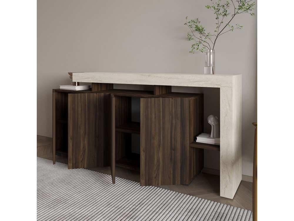 Houten dressoir "Beliz" - 170 x 35 x 80 cm - Travertin / Notelaar