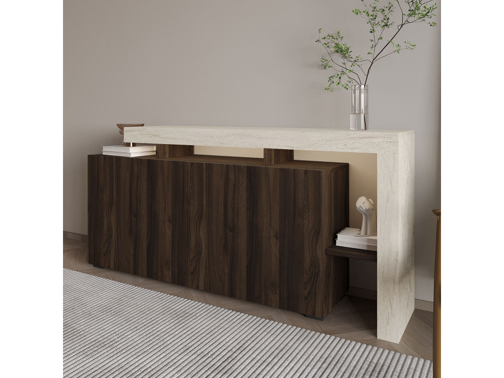 Houten dressoir "Beliz" - 170 x 35 x 80 cm - Travertin / Notelaar