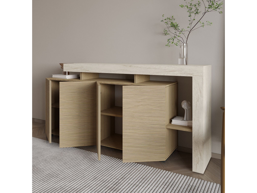 Houten dressoir "Beliz" - 170 x 35 x 80 cm - Travertin / Warm Eiken