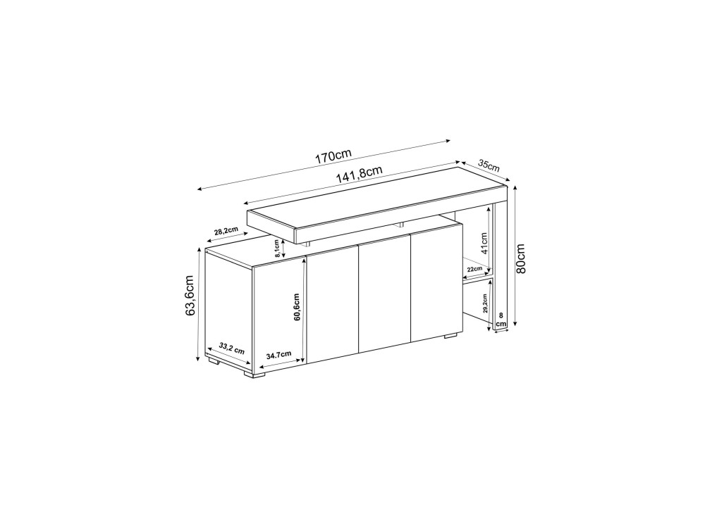 Houten dressoir "Beliz" - 170 x 35 x 80 cm - Travertin / Warm Eiken