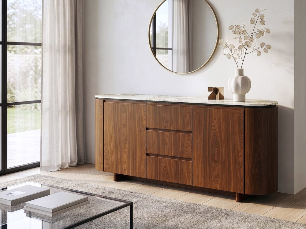 Houten dressoir "Stonea" met keramisch blad - 180 x 40 x 85 cm - Bruin