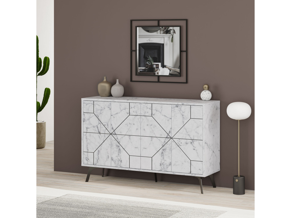 Houten buffetkast "Dune" - 123 x 35 x 62 cm - Wit gemarmerd
